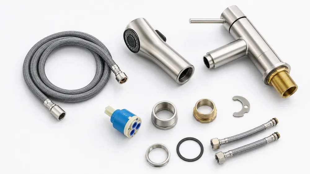 Kitchen faucet sprayer technical specifications — brass body, braided hose, ceramic disc cartridge