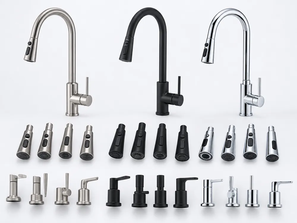 Private label OEM kitchen faucet sprayer catalog building with matched finish and handle profile