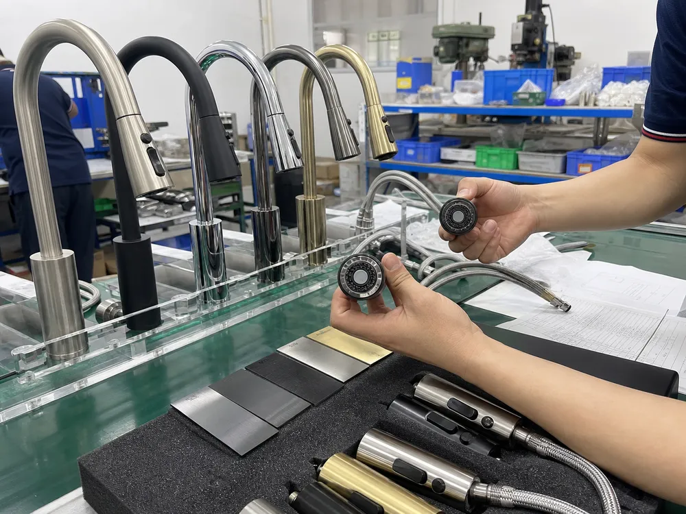 OEM customization workshop showing pull-down faucet handle and finish options