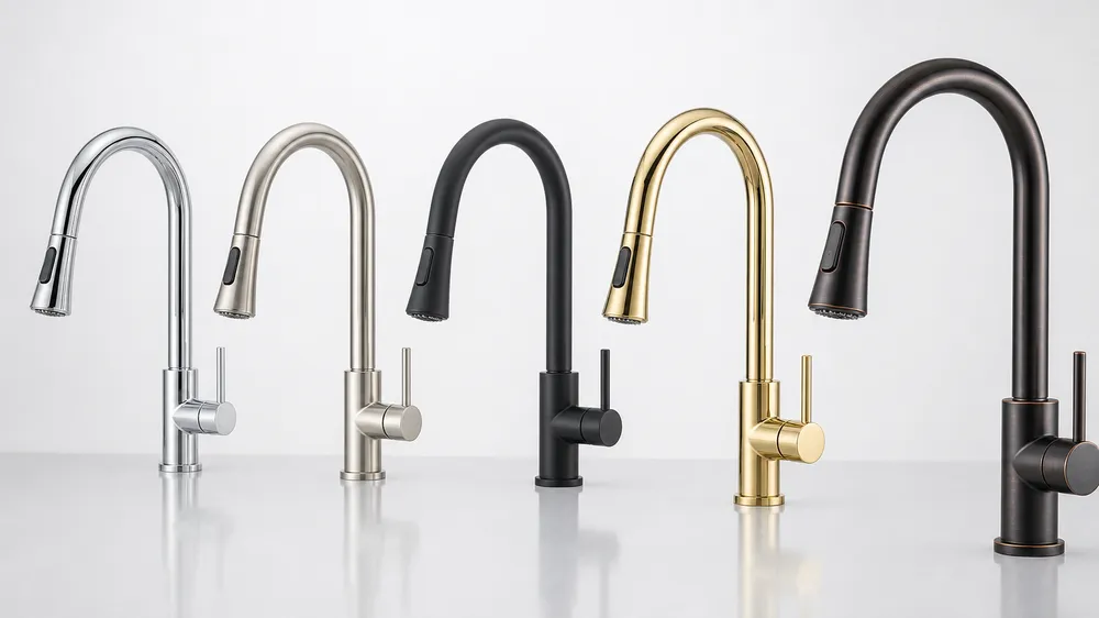 Pull-down kitchen faucet finish options: chrome, brushed nickel, matte black, PVD gold, oil-rubbed bronze