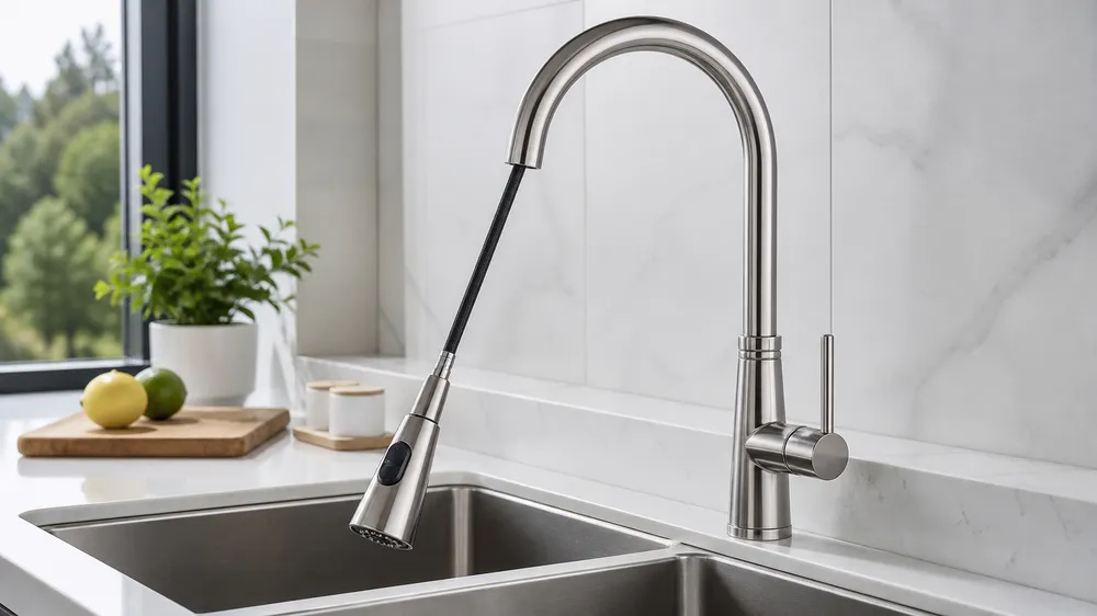 High-arc pull down kitchen faucet spout showing retractable spray head extended toward sink basin