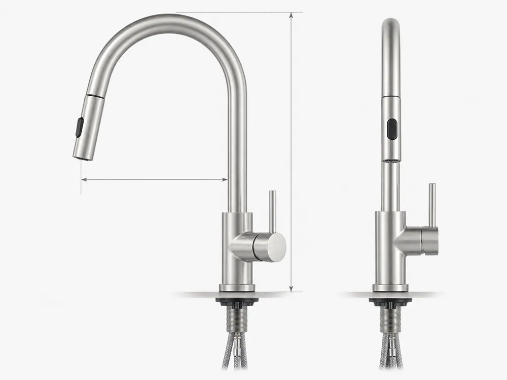 Pull-down kitchen faucet technical detail showing spout height and reach dimensions