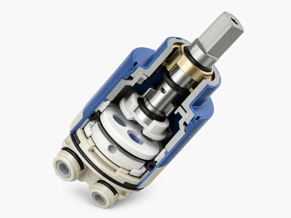 Ceramic disc cartridge cutaway diagram for pull-down kitchen faucet valve