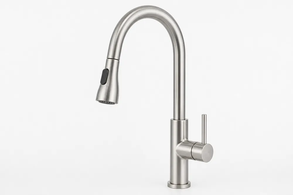 Pull down kitchen faucet with high-arc spout and retractable spray head, brass body construction