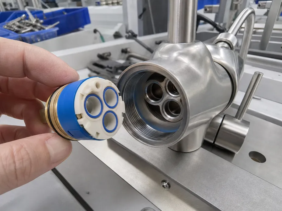 Ceramic disc cartridge and CNC-machined valve seat interface on a Wfaucet single handle kitchen faucet