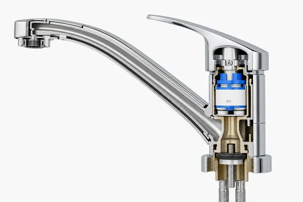 Technical cross-section view of single handle kitchen faucet body and cartridge assembly