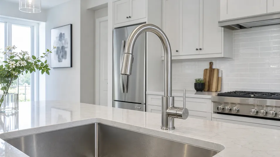 Brushed stainless steel kitchen faucet in contemporary residential kitchen setting