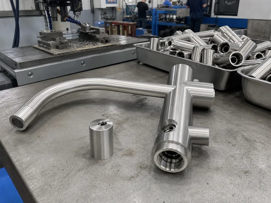 304 stainless steel faucet body construction — deep-drawn spout and CNC-machined valve seat