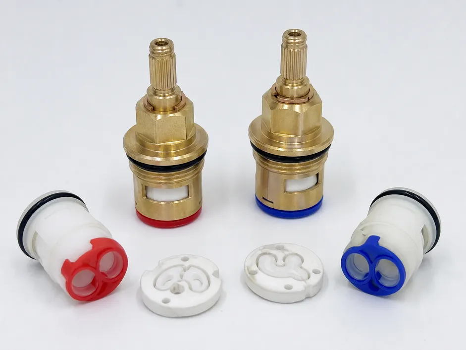 Ceramic disc cartridge for two-handle kitchen faucet showing independent hot and cold valve components