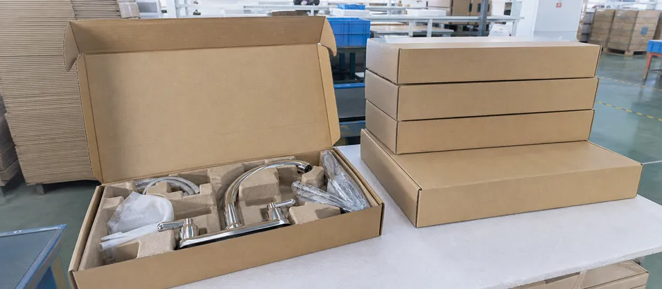 Deck-mount two-handle kitchen faucet in export carton packaging