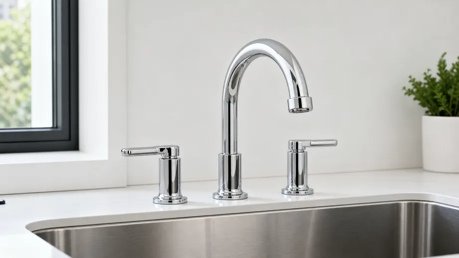 Deck-mount two handle kitchen faucet showing 4-inch center hole spacing