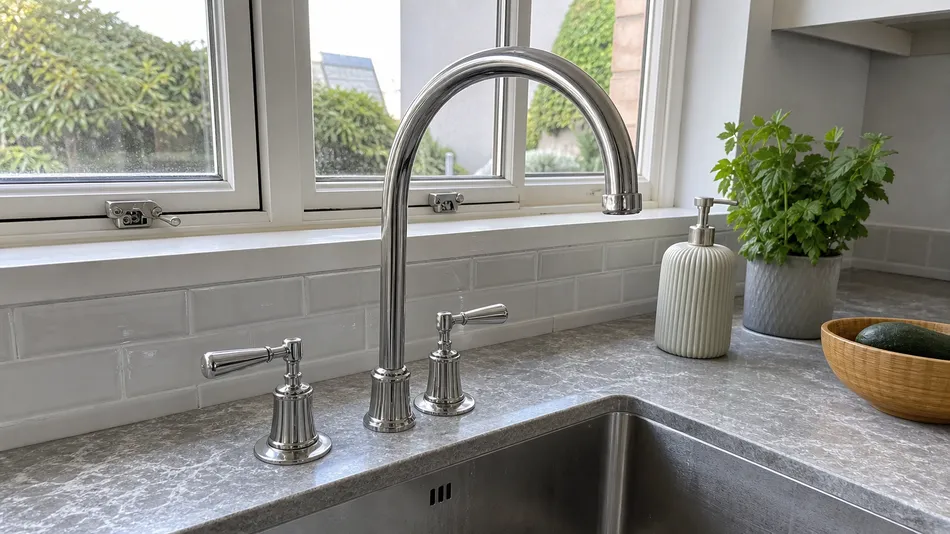 European residential kitchen installation with two-handle faucet in chrome and brushed nickel finish