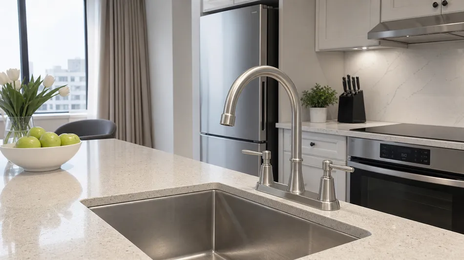 Hospitality and contract specification kitchen with two-handle faucet in brushed nickel for hotel serviced apartment