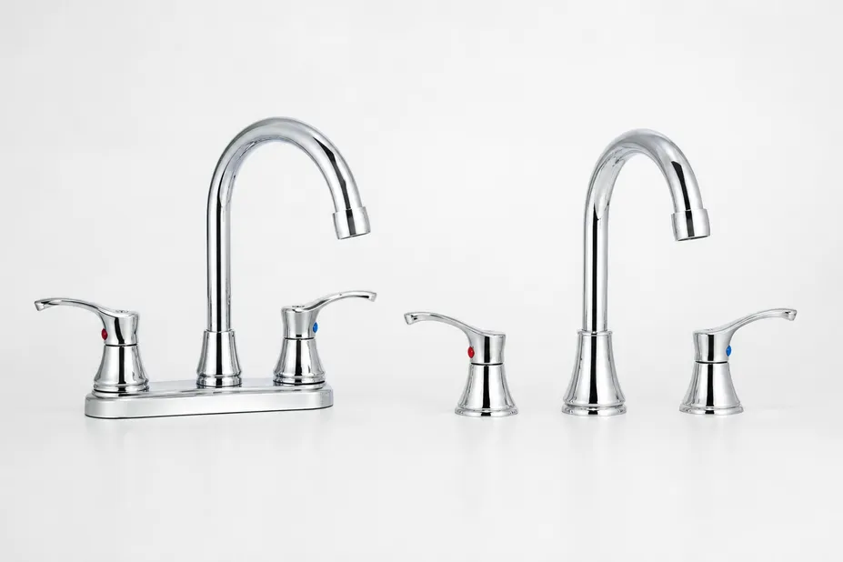 Deck-mount and widespread two handle kitchen faucet configurations side by side