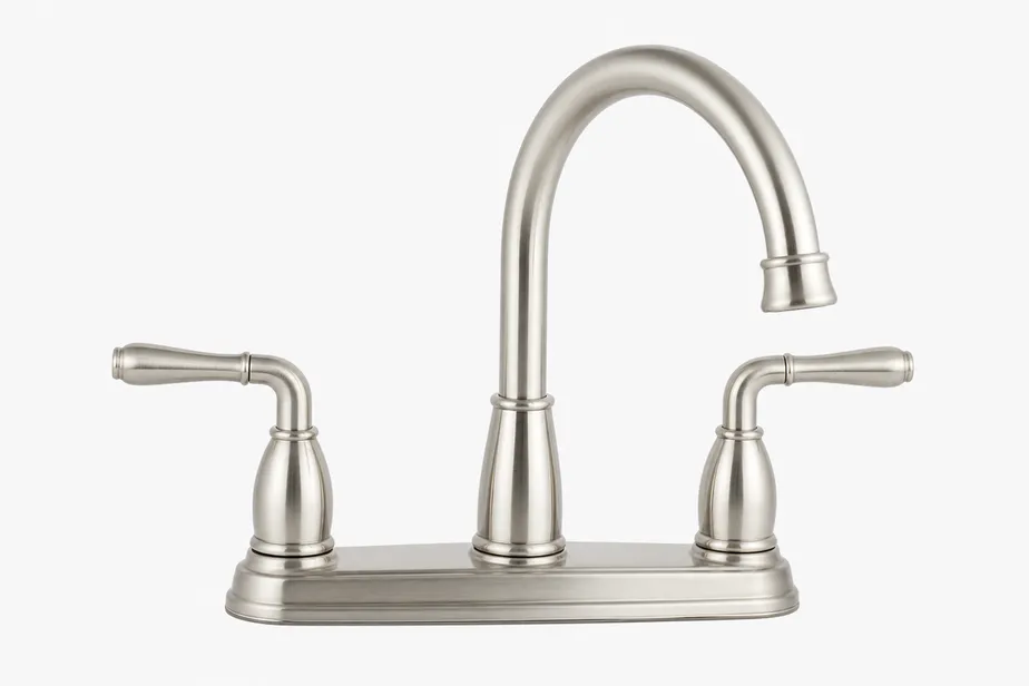 Two handle kitchen faucet in brushed nickel finish — deck-mount configuration