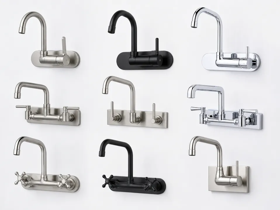 OEM custom wall mount kitchen faucet configurations showing different handle and escutcheon options