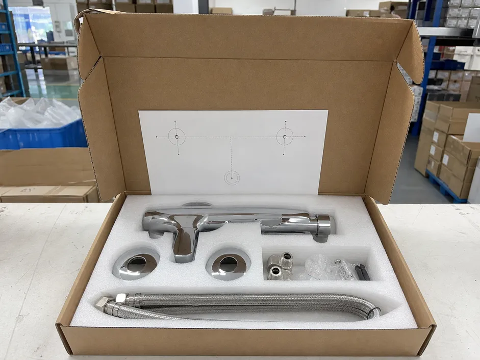 Wall mount kitchen faucet retail-ready carton packaging with foam insert protection and installation template