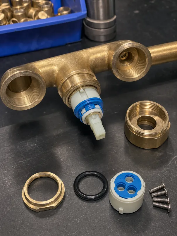 Close-up of wall mount kitchen faucet brass body construction and ceramic disc cartridge assembly