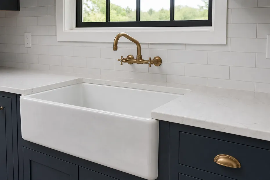 Wall mount kitchen faucet installed above farmhouse apron-front sink showing clean countertop line