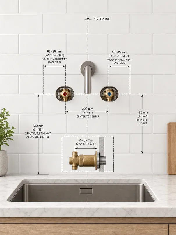 Wall mount kitchen faucet rough-in diagram showing supply line placement, center distance, and height measurements