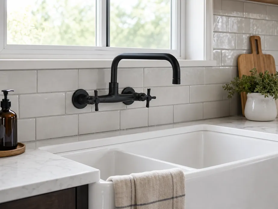 Wall mount kitchen faucet with brass body and matte black finish installed above farmhouse sink
