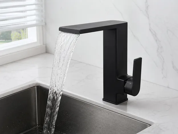Matte black waterfall kitchen faucet finish
