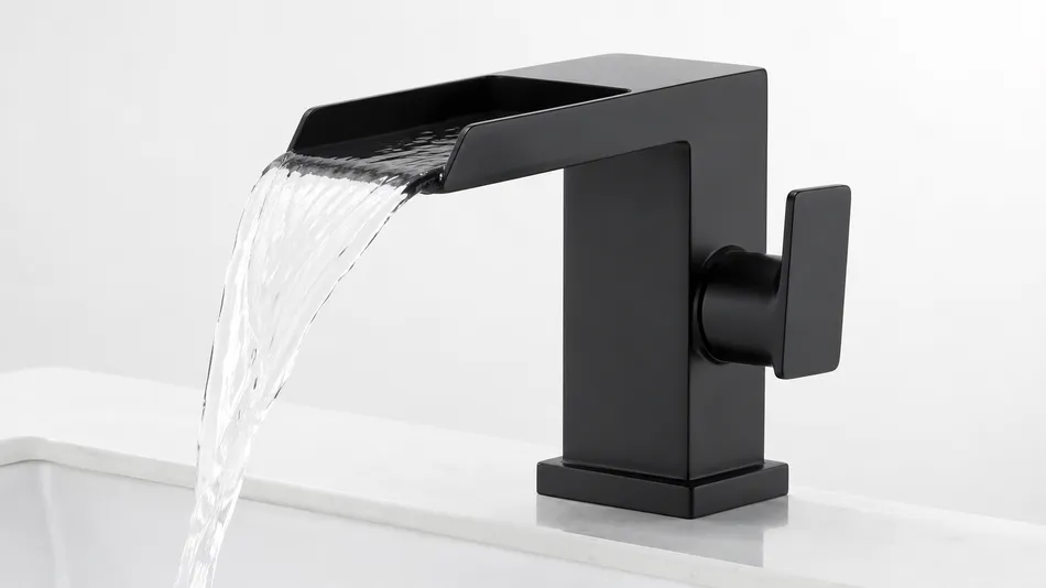 Waterfall kitchen faucet product photography for e-commerce private label catalog in matte black finish
