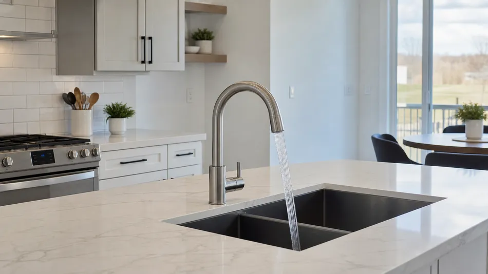 Contemporary residential kitchen renovation featuring waterfall faucet in premium mid-tier kitchen