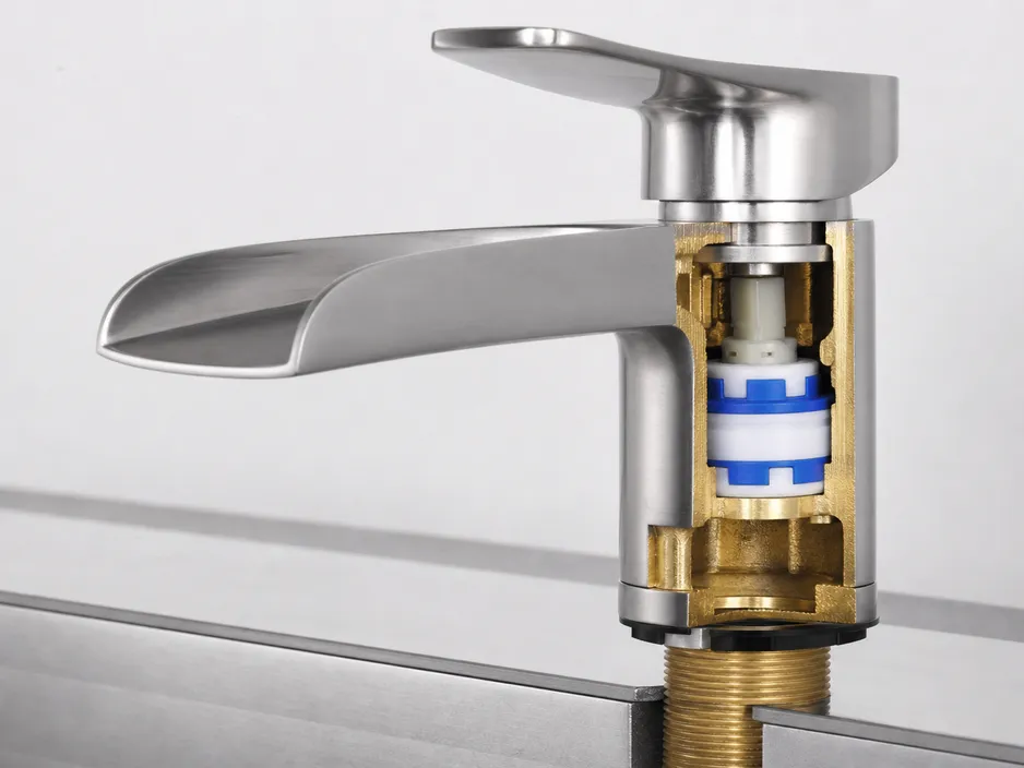 Waterfall kitchen faucet technical detail showing brass body construction and ceramic disc cartridge
