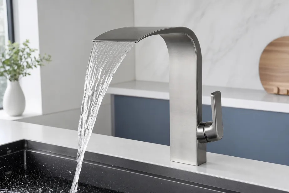 Waterfall kitchen faucet with wide flat spout producing sheet-flow water pattern
