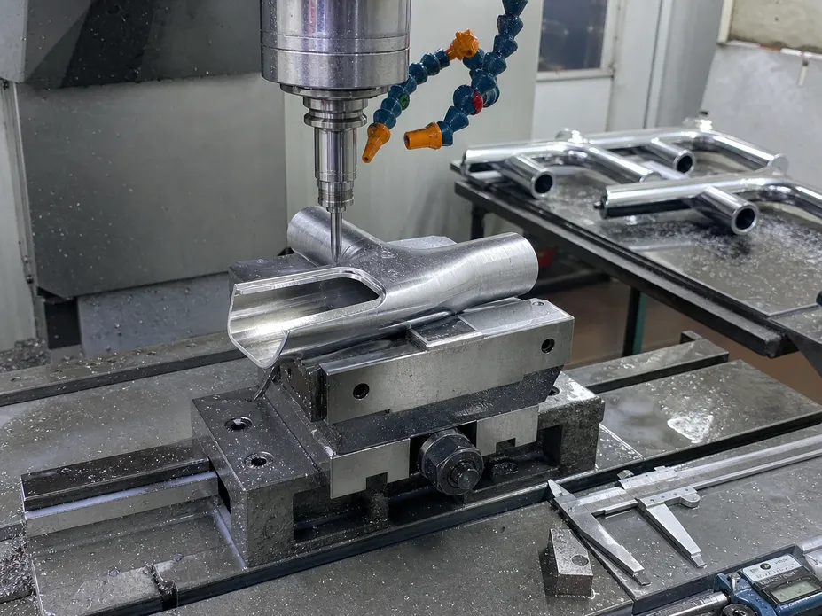 CNC machining of waterfall kitchen faucet spout channel showing precision tolerance control