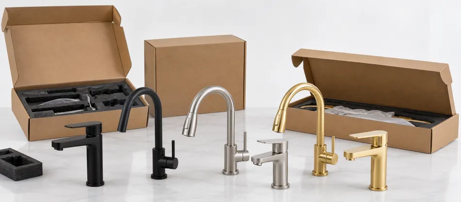 Custom finish faucets with private label packaging for an e-commerce brand catalog