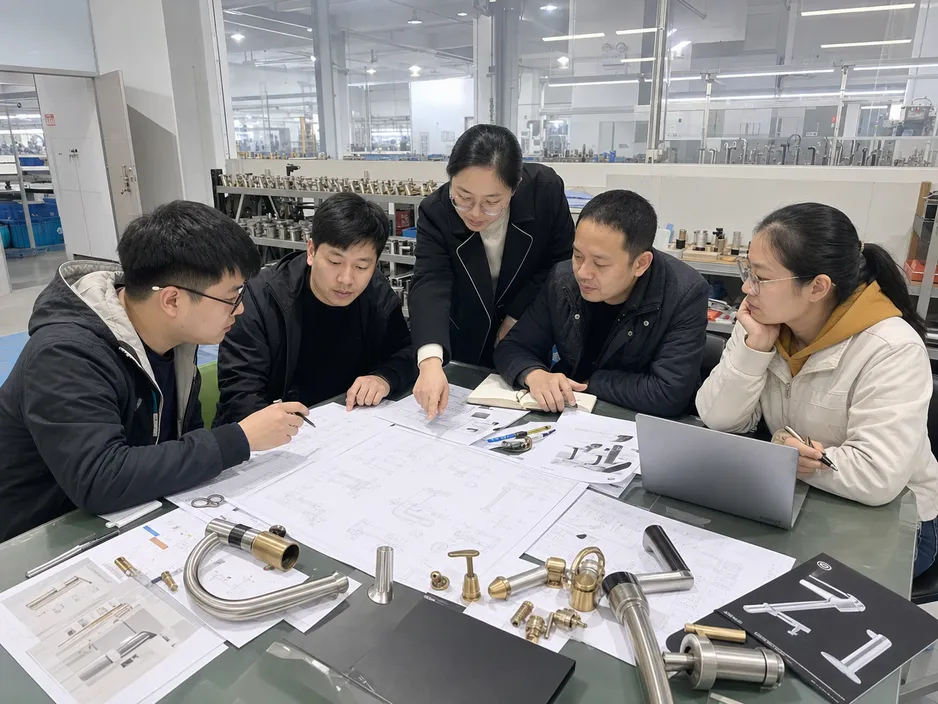 Wfaucet engineering team reviewing an OEM faucet project brief