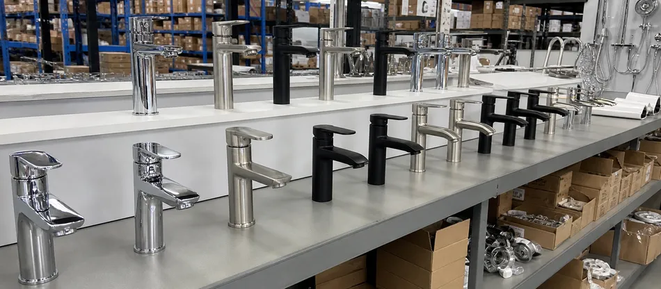 Consistent OEM faucet product line displayed in a plumbing wholesale trade supply setting