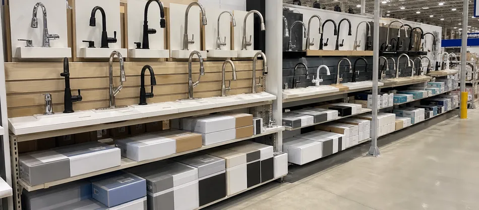 Private label faucets displayed in a hardware chain retail environment