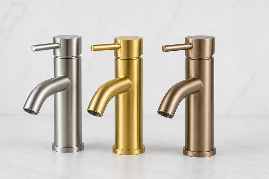 Brushed faucets in nickel, gold, and champagne bronze finishes — factory direct from Wfaucet