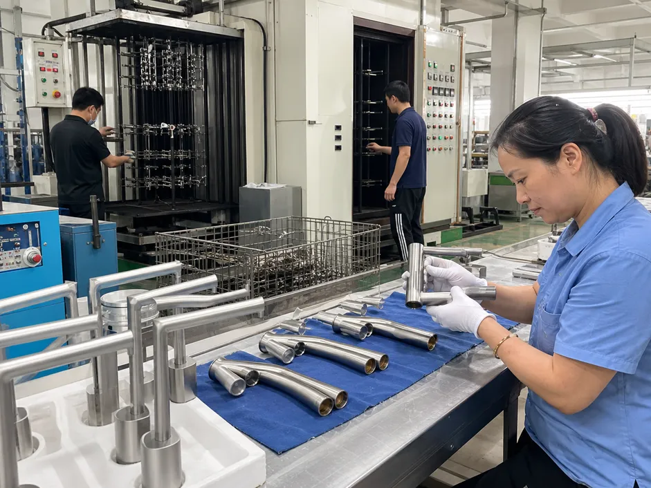 Brushed faucet manufacturing — PVD coating line and mechanical brushing process