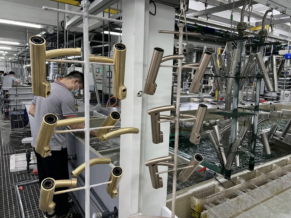 PVD coating and electroplating process for brushed faucet finishes at Wfaucet factory