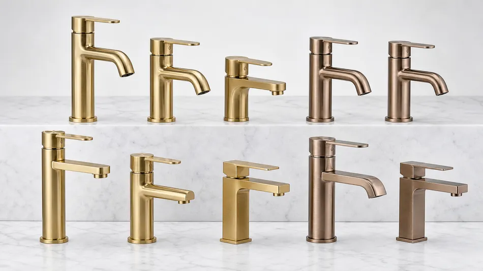 Brushed gold and brushed champagne bronze faucets — margin SKUs for premium and hospitality segments