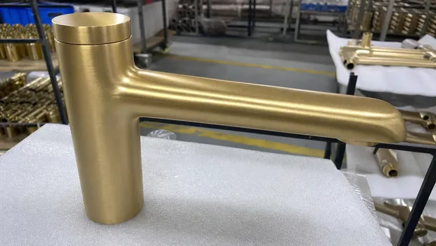 Brushed gold faucet finish — PVD over pre-brushed brass, 1500–2000 HV surface hardness