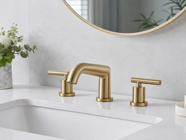 Brushed gold two-handle bathroom faucet — widespread 8-inch, OEM private label