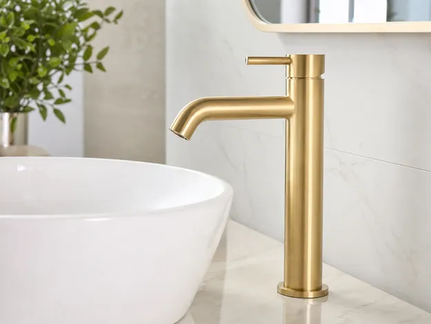 Brushed gold vessel sink faucet — tall spout, single hole, hospitality OEM