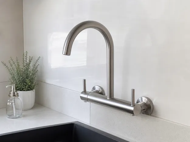 Brushed nickel wall-mount kitchen faucet — commercial style, OEM available