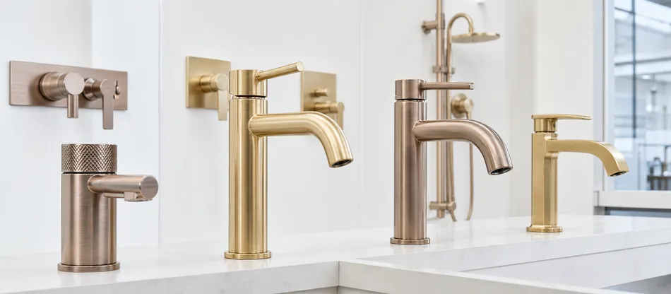 Brushed gold and brushed champagne bronze faucets for hospitality and commercial fit-out projects