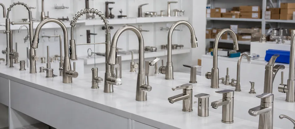 Brushed nickel faucets for North American kitchen and bathroom renovation retail distribution