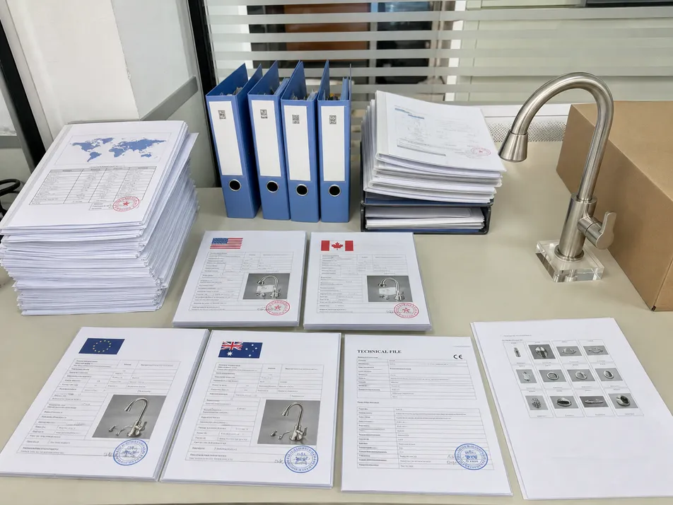 Certification documentation package for brushed nickel faucets including cUPC CE WaterMark SGS