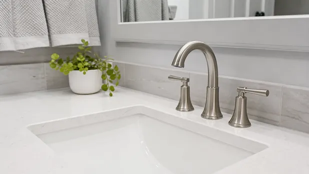 Brushed nickel faucet installed in a residential bathroom