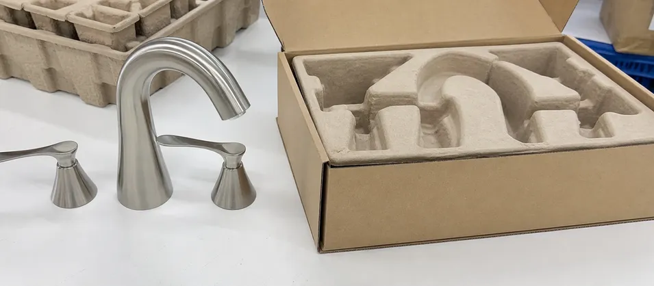 Brushed nickel faucet with mail-order packaging for e-commerce channels
