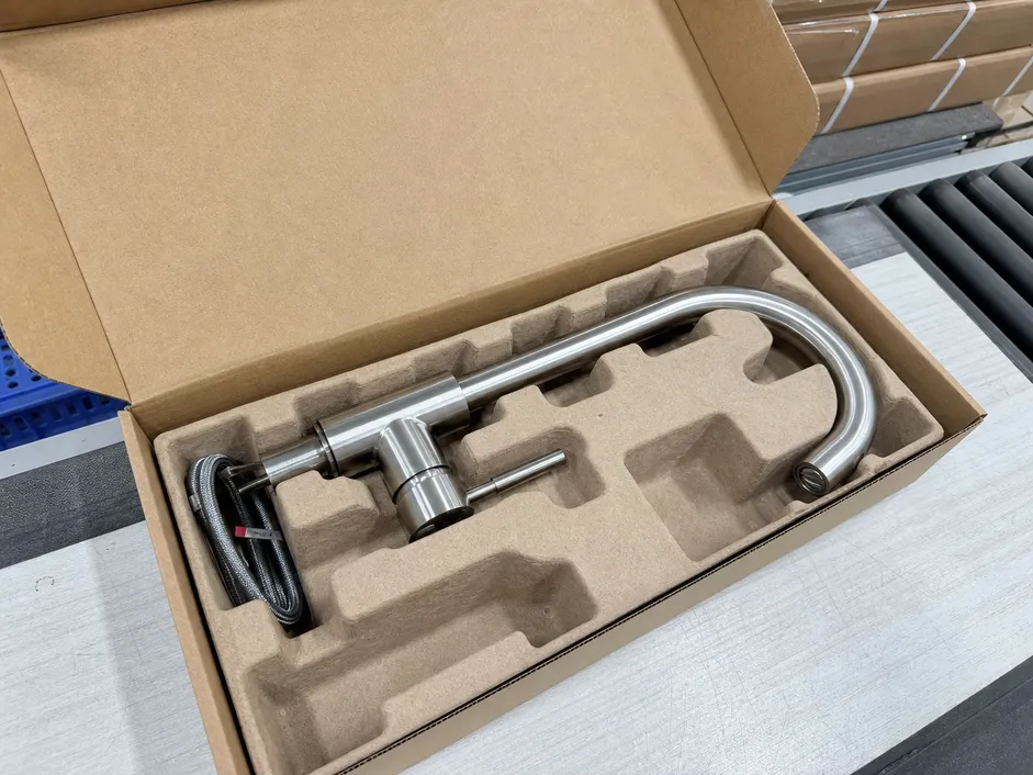 Brushed nickel faucet in double-wall corrugated carton with molded pulp insert