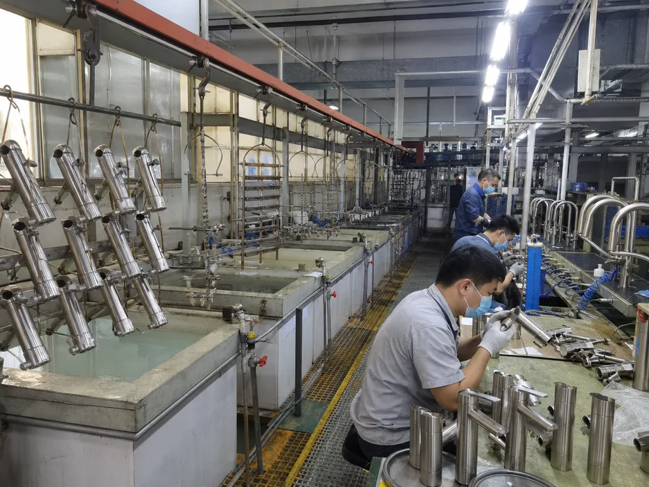 Electroplating production line for brushed nickel faucet finish — copper base coat, nickel mid-coat, and brushed top coat sequence